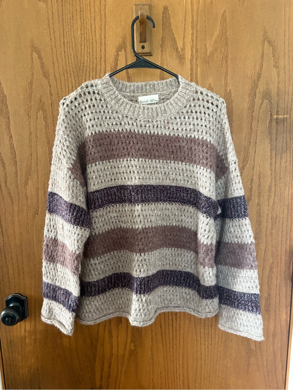 BE COOL Open-Knit Striped Crewneck Sweater in Beige, Mauve & Plum
